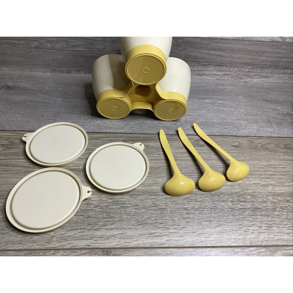 Vintage Tupperware Gold and Almond Condement Caddy Set w/ Cups, Lids & Spoons